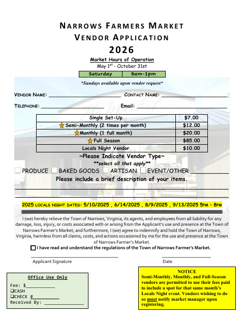 First page of the Farmers Market Vendor Application 2026