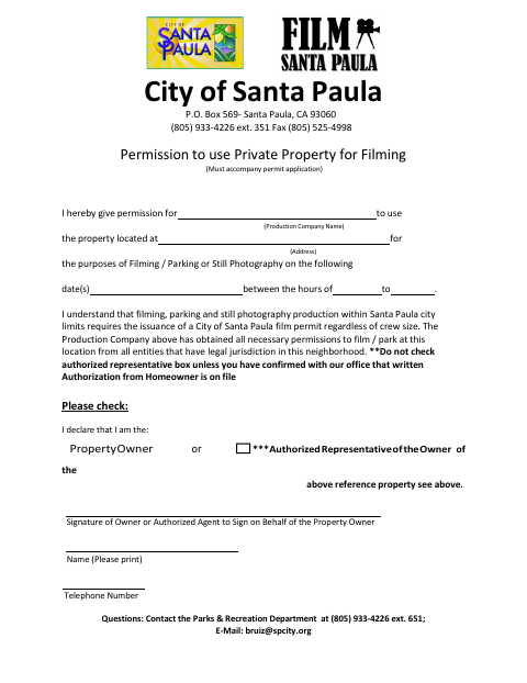 First page of the Permission to Use Private Property for Filming