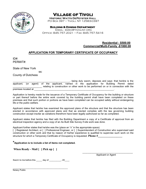 First page of the Application for Temporary Certificate of Occupancy