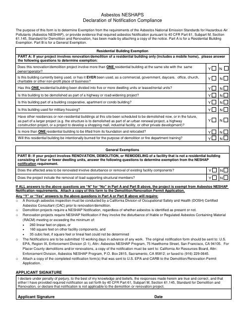 First page of the Asbestos NESHAPS Declaration of Notification Compliance
