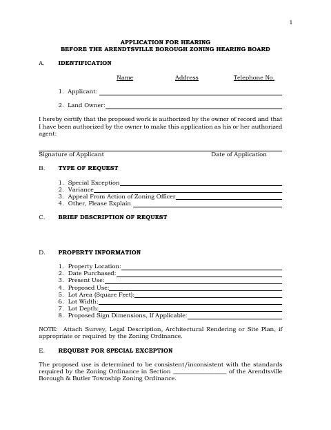 First page of the Zoning Hearing Board Application