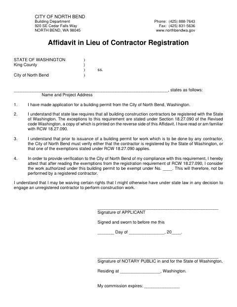 First page of the Affidavit in Lieu of Contractor Registration