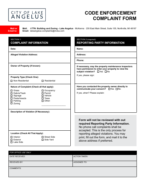 First page of the Code Enforcement Complaint Form