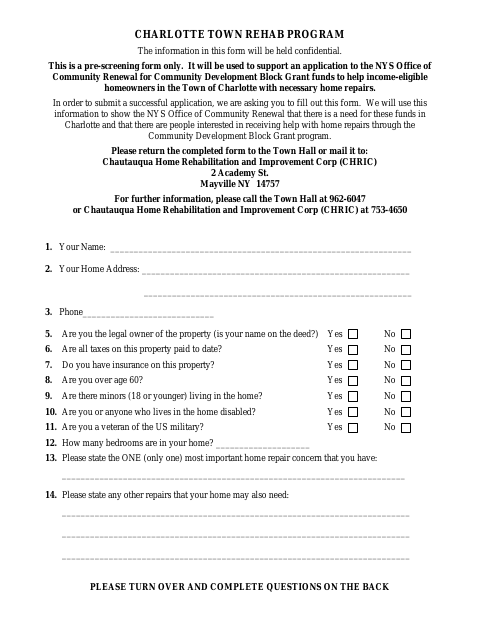 First page of the Charlotte Town Rehab Program Pre-Screening Form