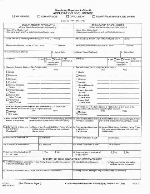First page of the Marriage License Application and Information