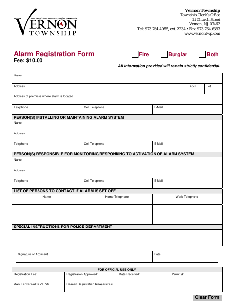First page of the Alarm Registration Form