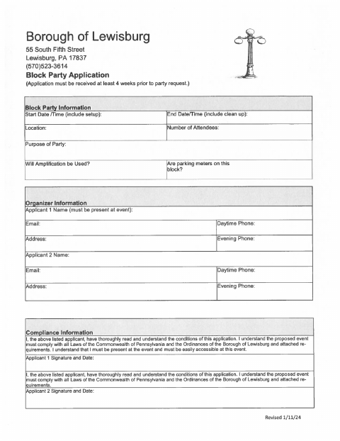 First page of the Block Party Application