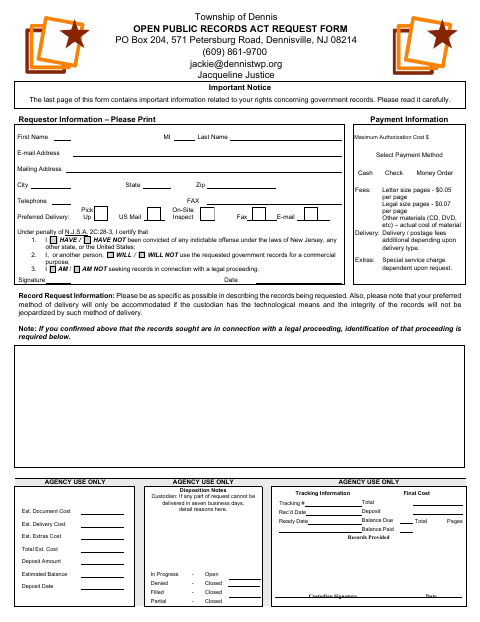 First page of the Open Public Records Act Request Form