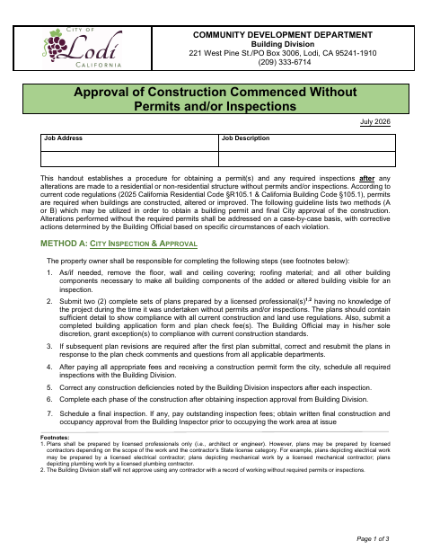 First page of the Construction Commenced Without Permits