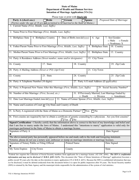 First page of the Intention of Marriage Application