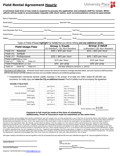 First page of the Field Rental Agreement Hourly