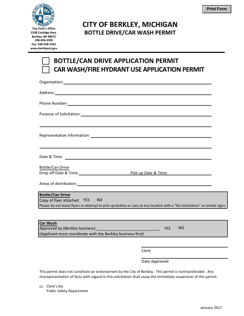 First page of the Bottle Drive / Car Wash Permit