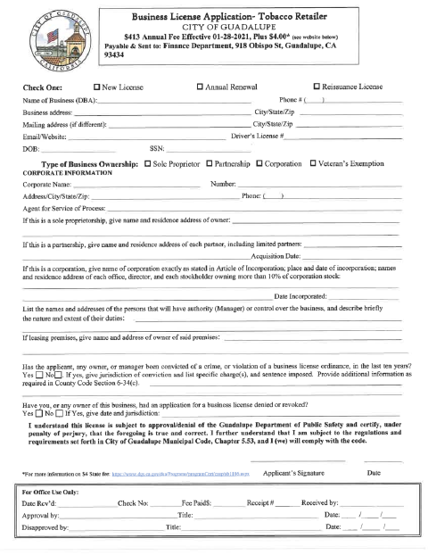 First page of the Tobacco Retailer License Application