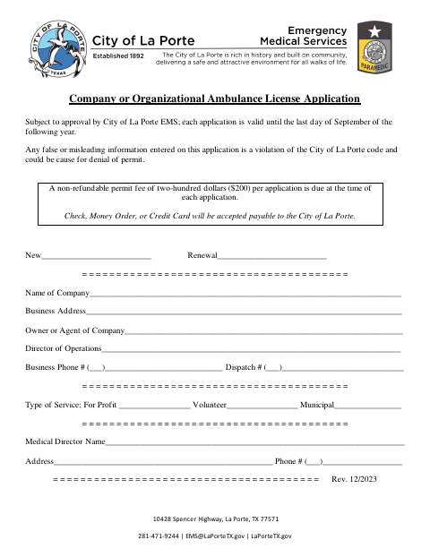 First page of the Company or Organizational Ambulance License Application