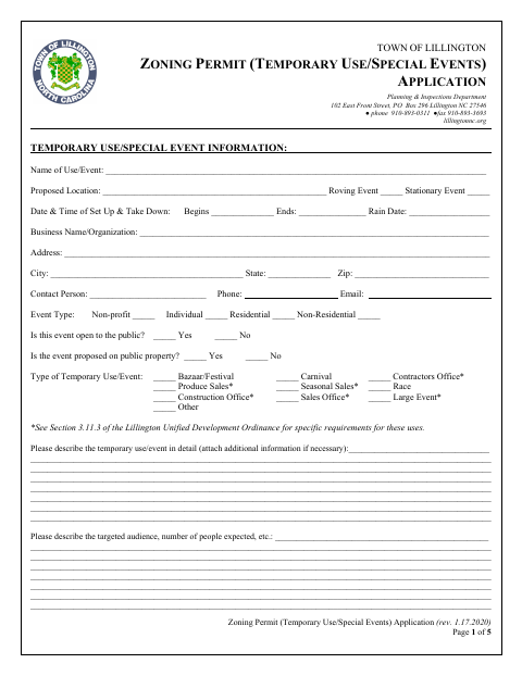 First page of the Zoning Permit (Temporary Use/Special Events) Application