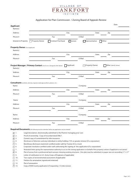 First page of the Plan Commission / Zoning Board of Appeals Application
