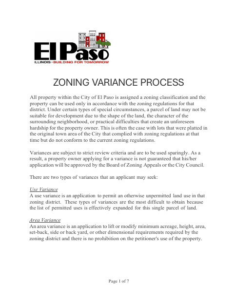 First page of the Zoning Variance Process and Application