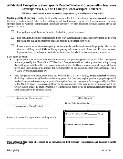 First page of the Affidavit of Exemption for Workers’ Compensation Coverage (BP-1)