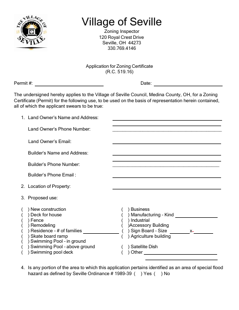 First page of the Application for Zoning Certificate