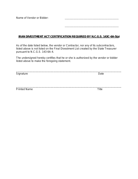 First page of the Iran Divestment Act Certification