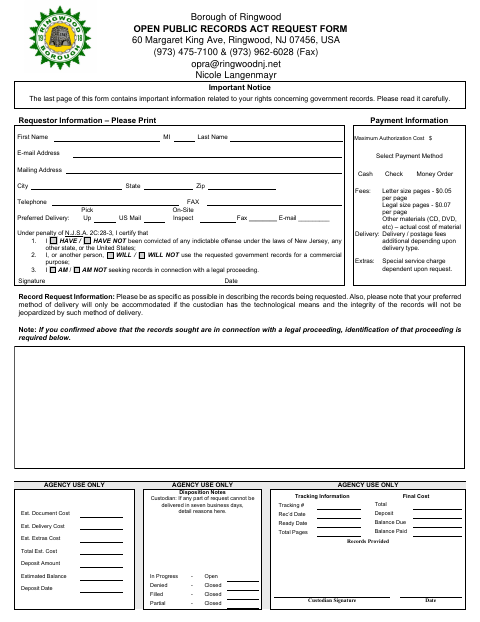 First page of the Open Public Records Act Request Form