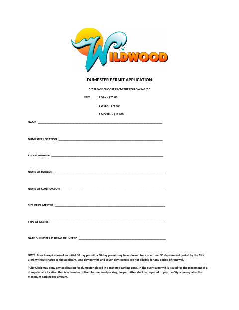 First page of the Dumpster Permit Application