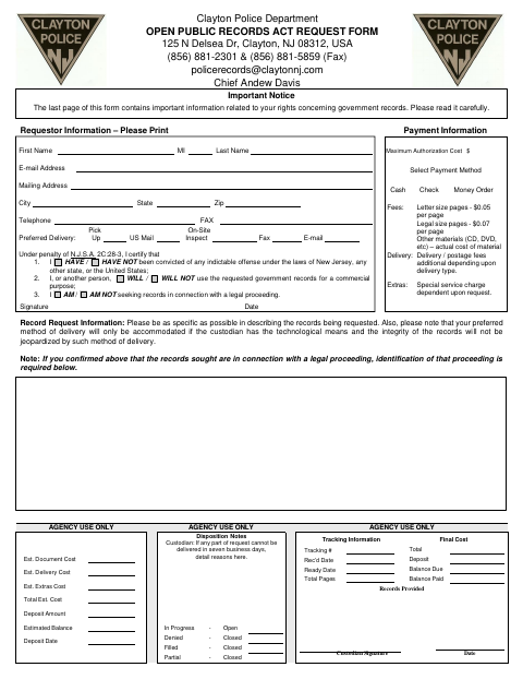 First page of the Open Public Records Act Request Form