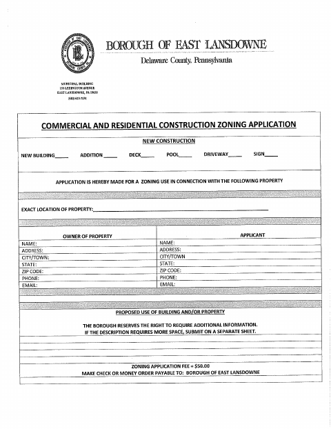 First page of the Commercial and Residential Construction Zoning Application