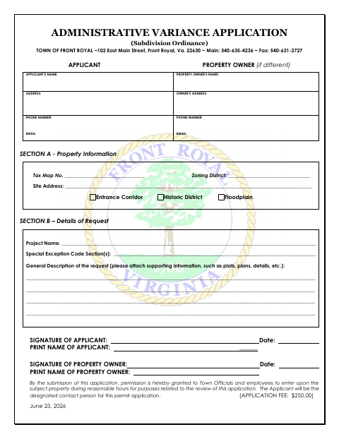 First page of the Administrative Variance Application (Subdivision Ordinance)
