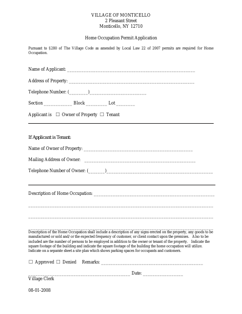 First page of the Home Occupation Permit Application