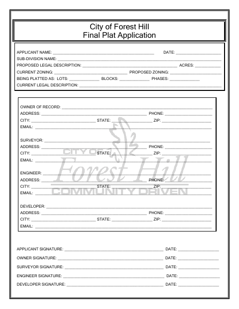 First page of the Final Plat Application and Owner Acknowledgment