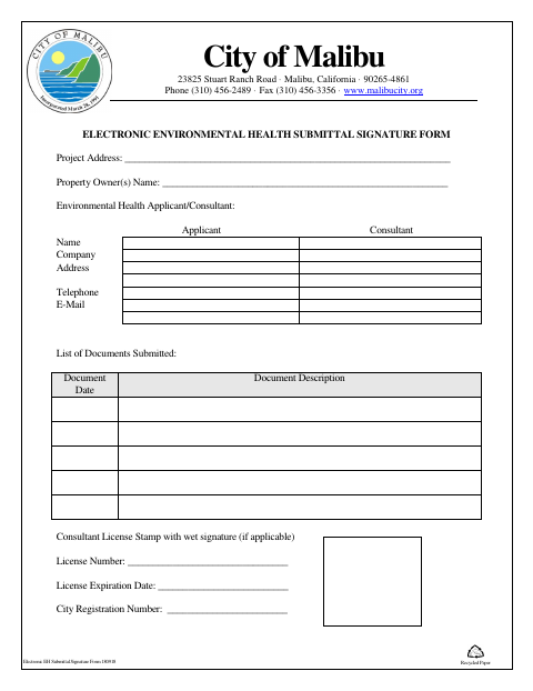 First page of the Electronic Environmental Health Submittal Signature Form