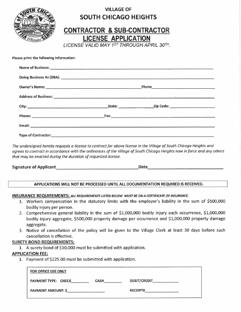 First page of the Contractor & Sub-Contractor License Application