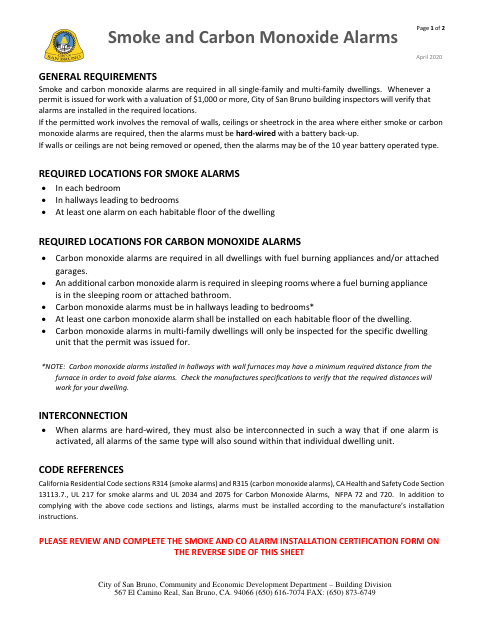 First page of the Smoke and Carbon Monoxide Alarm Installation Self-Certification