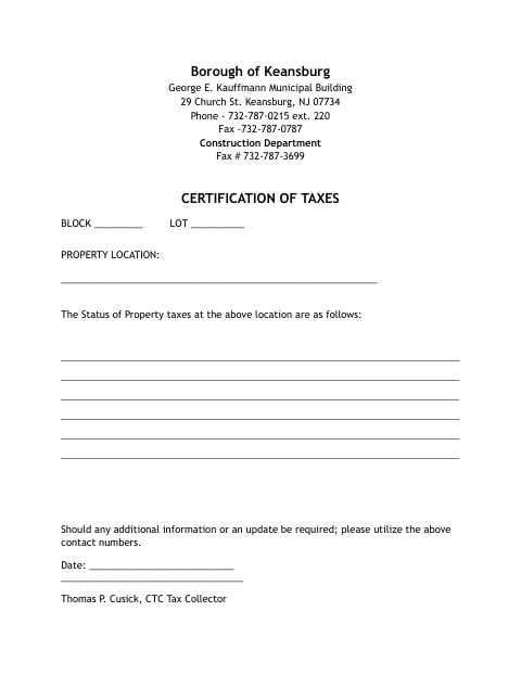First page of the Certification of Taxes