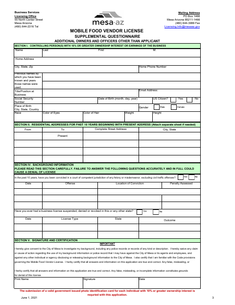 First page of the Mobile Food Vendor License Supplemental Questionnaire