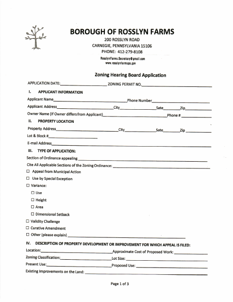 First page of the Zoning Hearing Board Application