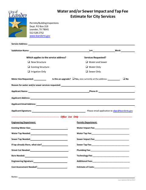 First page of the Water/Sewer Connection Application
