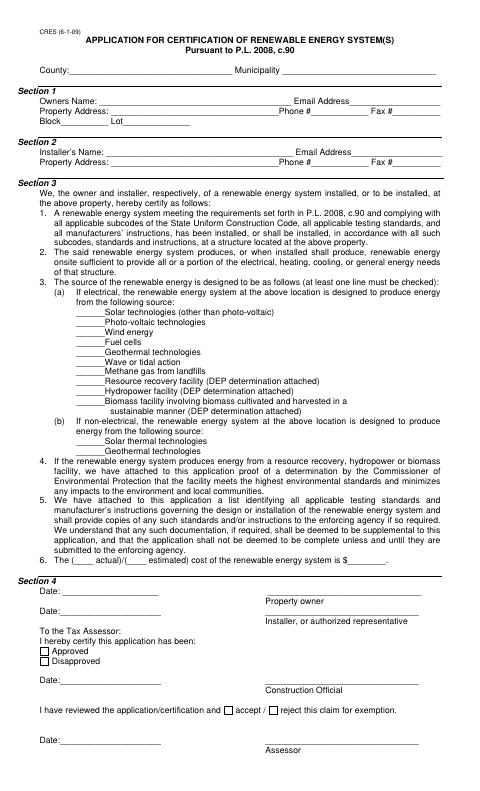 First page of the Application for Certification of Renewable Energy Systems