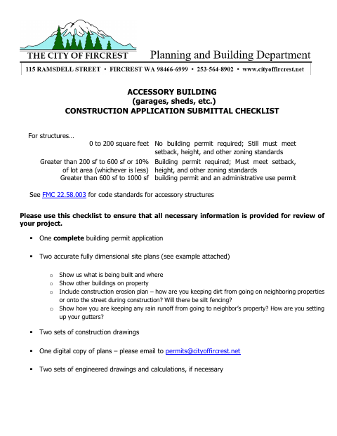 First page of the Accessory Building Construction Application Submittal Checklist