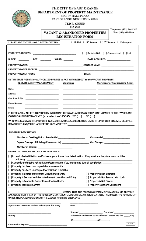 First page of the Vacant and Abandoned Properties Registration Form