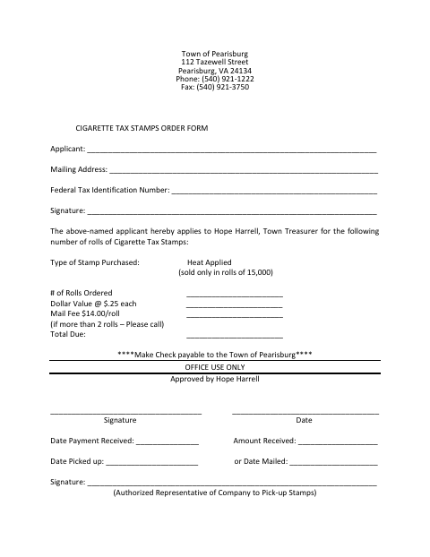 First page of the Cigarette Tax Stamps Order Form