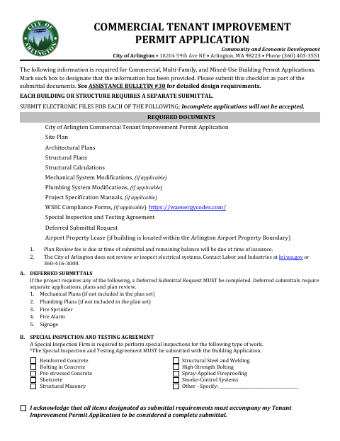 First page of the Commercial Tenant Improvement Permit Application