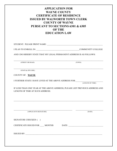 First page of the Application for Wayne County Certificate of Residence