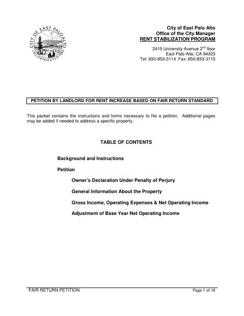 First page of the Petition by Landlord for Rent Increase Based on Fair Return Standard