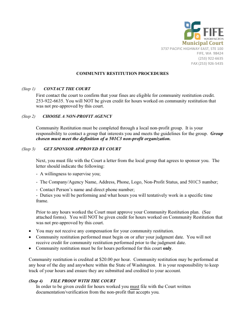 First page of the Community Restitution Procedures and Forms