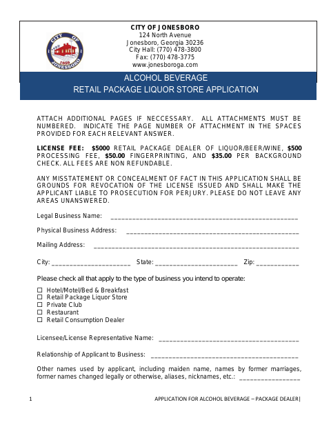 First page of the Alcohol Beverage Retail Package Liquor Store Application