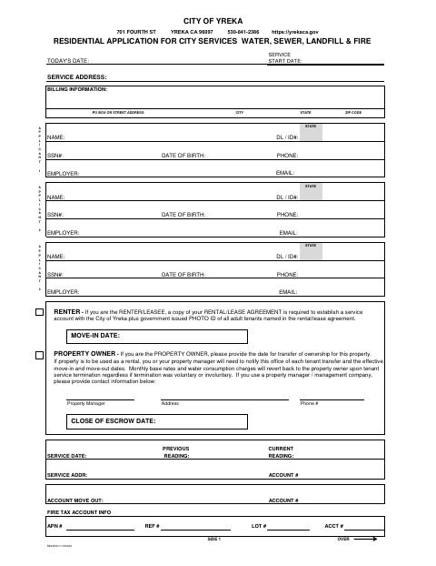 First page of the Residential Utility Service Application