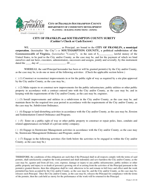 First page of the Cash Escrow Performance Bond