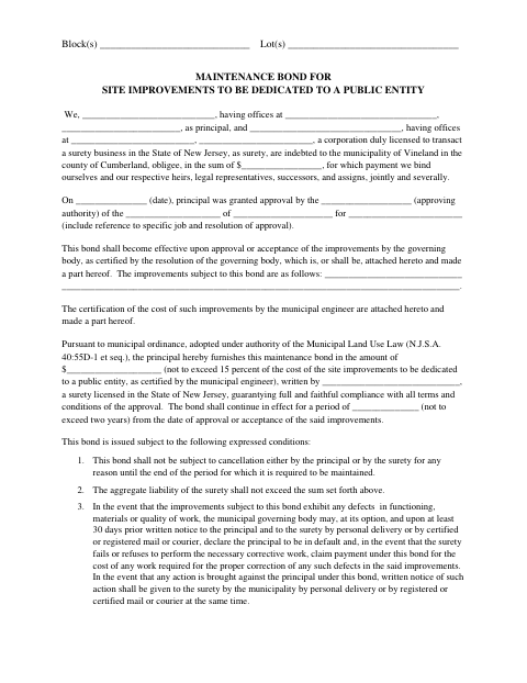 First page of the Maintenance Bond for Site Improvements to Be Dedicated to a Public Entity